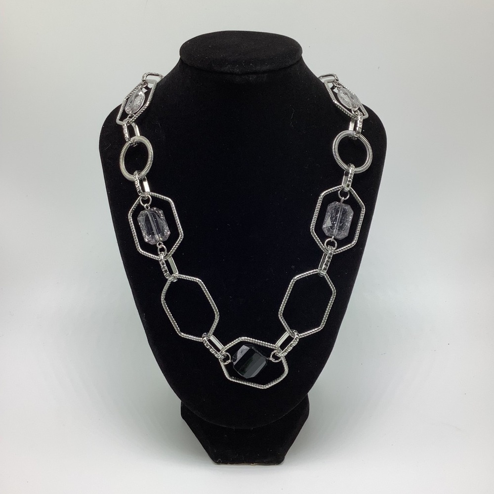 Lia Sophia Vault Silver Tone Link Necklace w/ lavender, clear & black beads Adju